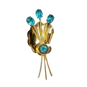 Coro Vintage 30s 40s Aqua Rhinestone Floral Spray Gold Tone Brooch